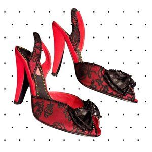 Betsey Johnson red/black lace peep toe slingback heels